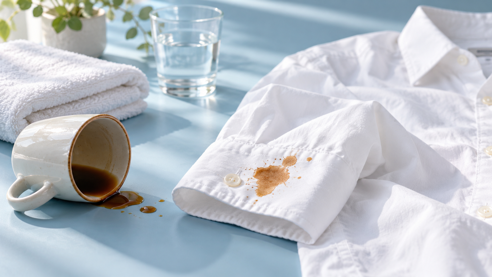 Tache de café sur la manche d’une chemise blanche, avec une tasse, une serviette et un verre d’eau sur un fond bleu clair.